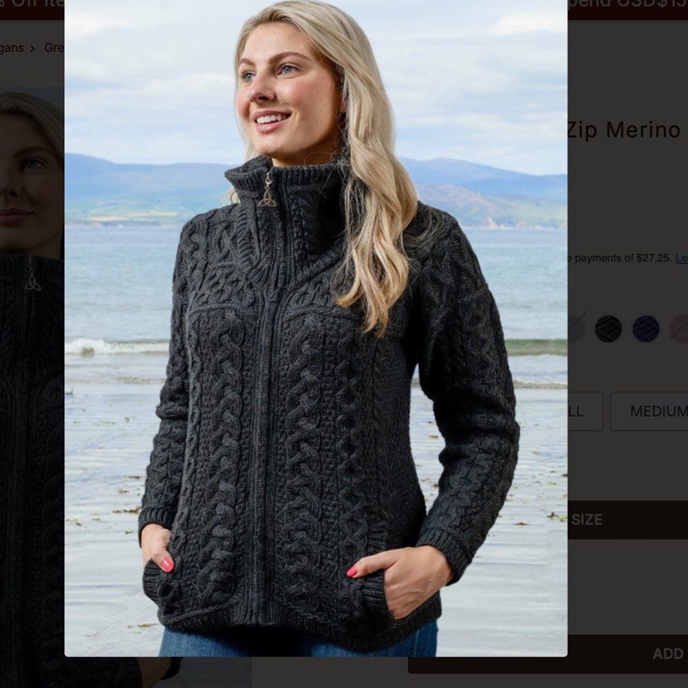 ARAN Double Collar Zip Merino Cardigan‎‎‎‎ Charcoal Gray, Sz M - Picture 2 of 10